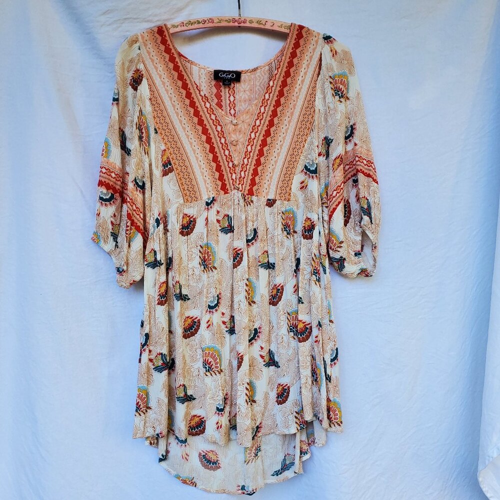 GiGiO Women's Flowy Boho Print Top Balloon Sleeves Vee-neck